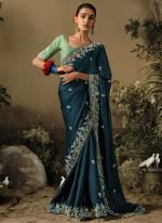 Pure Fancy Fabric Teal Blue Wedding Wear Heavy Embroidery Work Saree